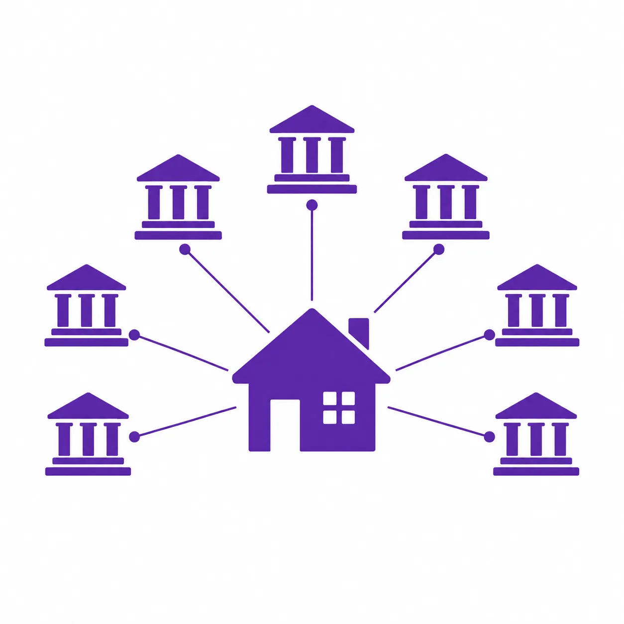 Illustration of a home connected to several lender buildings, representing a broker comparing wholesale lenders.