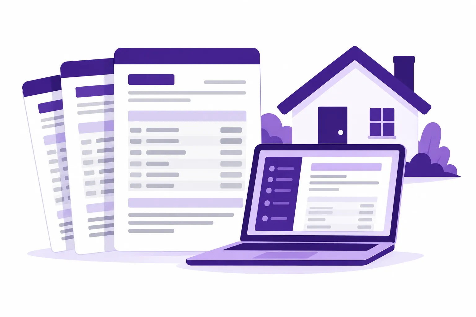Stack of bank statements next to a laptop and a house, representing a bank statement mortgage.