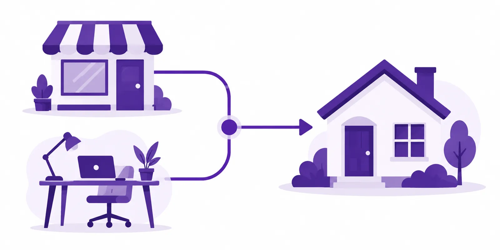 Storefront and home-office icons connected to a house, representing self-employed borrowers.
