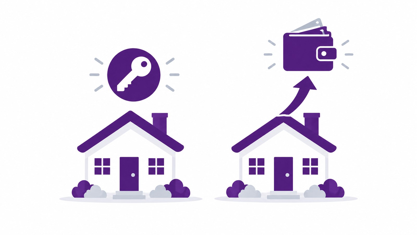 Two rental homes, one with a key and one with equity flowing out, comparing a DSCR purchase and a DSCR cash-out refinance.